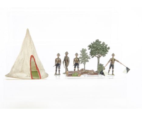 Britains Scouts in camp, original Britains figures with replaced arms and Scout Master stick handle, Britains log and unrelat