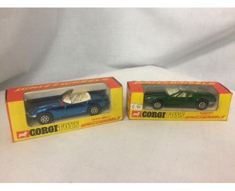 TWO CORGI MODEL CARS - A TOYOTA 2000GT AND A MANGUSTA DE TOMASO NUMBERS 375 AND 203 IN ORIGINAL BOXES 