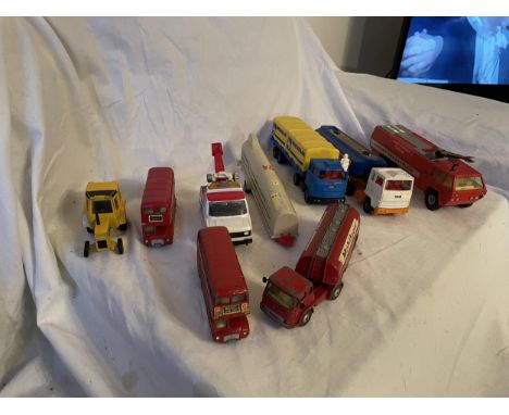 NINE UNBOXED CORGI VEHICLE - FIRE TENDER, MOBILGAS TANKER, TWO BUSES ETC 