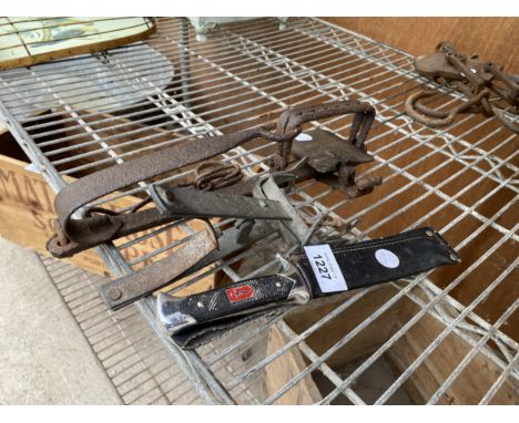 A VINTAGE GIN TRAP, A MOLE TRAP AND A KNIFE 