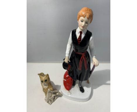 TOW COLLECTABLE CERAMIC FIGURES TO INCLUDE A ROYAL DOULTON CAT WITH A NEWSPAPER AND AN OLD GIRLS SOCIETY CENTENARY FIGURE 189
