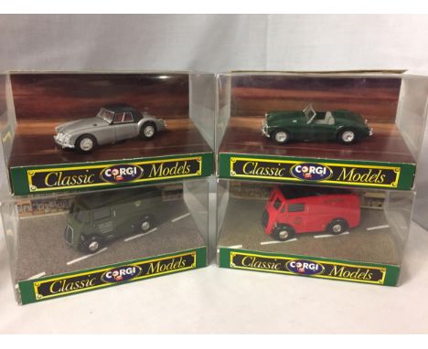 FOUR CORGI CLASSIC MODELS - TWO VERSIONS OF AN MGA AND TWO VERSIONS OF A MORRIS J VAN NUMBERS D730, D731 AND D983 IN ORIGINAL