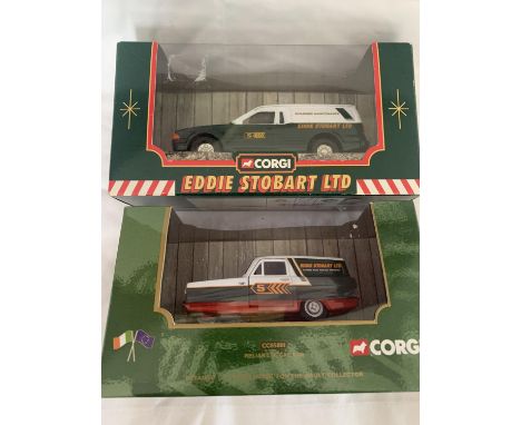 TWO BOXED CORGI EDDIE STOBART VANS TO INCLUDE A RELIANT REGAL VAN DETAILED 1:36 SCALE CC85801 AND A FORD ESCORT VAN 58304 