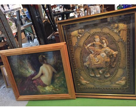 AN INDIAN TAPESTRY IN SILK FRAMED AND A SECOND PICTURE OF A FEMALE ALSO FRAMED 