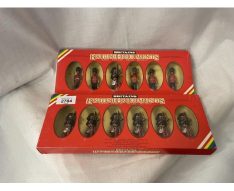 TWO BOXED BRITIANS BRITISH REGIMENTS SIX PIECE MODEL SOLDIER SETS - SCOTS GUARD PIPER AND FIVE MEN NUMBER 7238 AND SCOTS GUAR