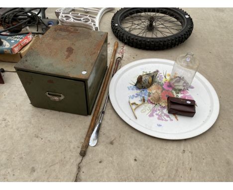 AN ASSORTMENT OF ITEMS TO INCLUDE A SHOE SHINE KIT, A WALKING STICK AND A STORAGE DRAWER 