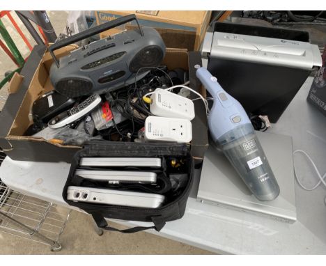 AN ASSORTMENT OF ITEMS TO INCLUDE A LUNABOX WIRELESS SPEAKER, A TECHNIKA DVD PLAYER AND AN IN CAR DVD PLAYER ETC 