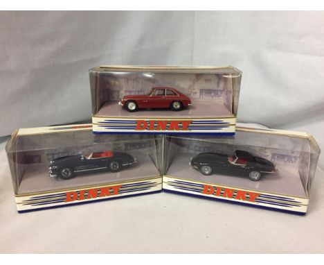 THREE BOXED DINKY VEHICLES - A MERCEDES 300SL, A JAGUAR E TYPE AND AN MGB GT 