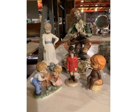 FIVE FIGURINES TO INCLUDE A NAO GIRL WITH A DOG, A LARGE CAPODIMONTE MAN PLAYING A LUTE ETC 