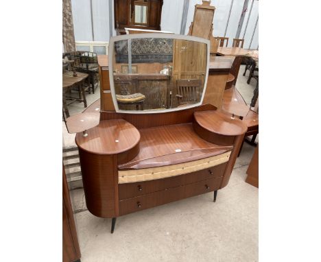 A MID 20TH CENTURY DRESSING TABLE WITH TRIPLE MIRROR, BLACK TAPER LEGS, THREE DRAWERS AND TWO CROSS DRAWERS EMINATING FROM RO