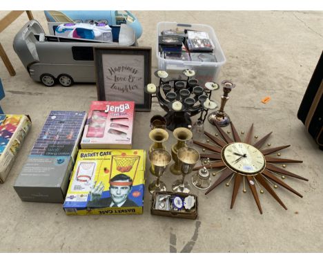 AN ASSORTMENT OF ITEMS TO INCLUDE CANDLE HOLDERS, GOBLETS AND A CLOCK ETC 