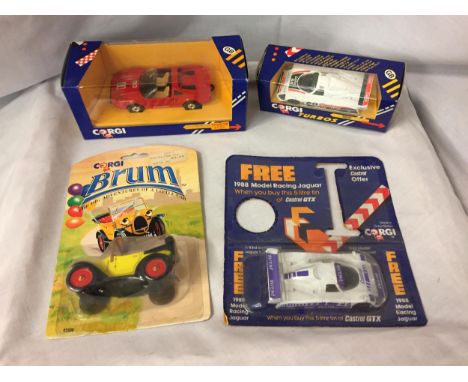 FOUR BOXED CORGI VEHICLES - A FERRARI 308GTS, A RACING JAGUAR, A BRUM AND A BOXED CORGI 1988 RACING JAGUAR (BOX OPENED) 