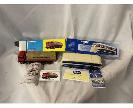 TWO BOXED CORGI VEHICLES - A BURLINGHAM SEAGULL STRATFORD BLUE BUS - NUMBER 97172 AND A FODEN 8 WHEEL RIGID, BRITISH ROAD SER