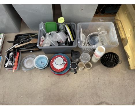 AN ASSORTMENT OF KITCHEN ITEMS TO INCLUDE CERAMIC PLATES, COFFEE POTS AND PANS ETC 