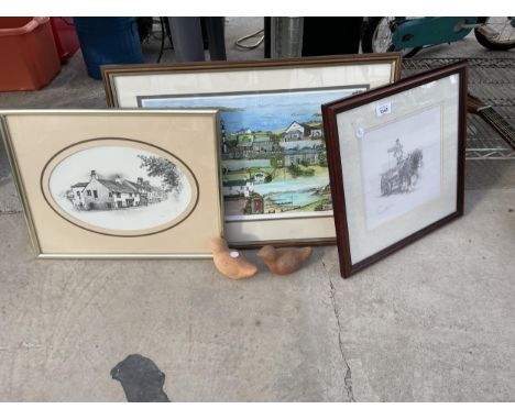 THREE FRAMED PRINTS AND TWO CERAMIC BIRD FIGURES 