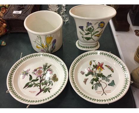 FOUR ITEMS OF PORTMEIRION BOTANIC GARDEN TO INCLUDE TWO PLATES, A VASE AND A PLANTER 