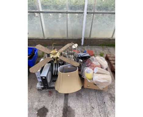AN ASSORTMENT OF HOUSEHOLD CLEARANCE ITEMS TO INCLUDEA COMPUTER MONITOR, LAMP SHADES AND SPEAKERS ETC 