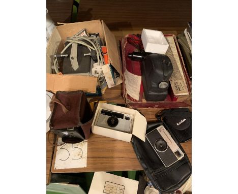 VARIOUS CAMERAS TO INCLUDE A KODAK BROWNIE, TWO KODAK INSTAMATICS, ALSO A MINICINE CAMERA AND A RANK ELEKTRA EDITOR 
