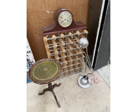 AN ASSORTMENT OF ITEMS TO INCLUDE A WINE RACK, A SMALL WINE TABLE AND A CLOCK ETC 