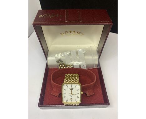 A BOXED ROTARY ELEGANCE 2 WRIST WATCH WITH SQUARE FACE AND A YELLOW METAL STRAP WITH SPARE LINKS 