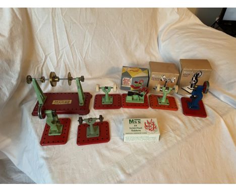 SEVEN MAMOD MODEL STATIONARY ENGINE TOOLS AND MOUNTED PULLEYS (THREE BOXED) AND A BOX OF SOLID FUEL TABLETS 