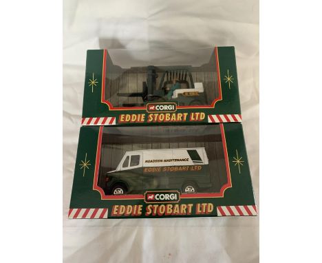 TWO BOXED CORGI EDDIE STOBART VEHICLES TO INCLUDE A FORK LIFT TRUCK 56702 AND A MERCEDES 207D ROADSIDE MAINTENANCE VAN 58401 