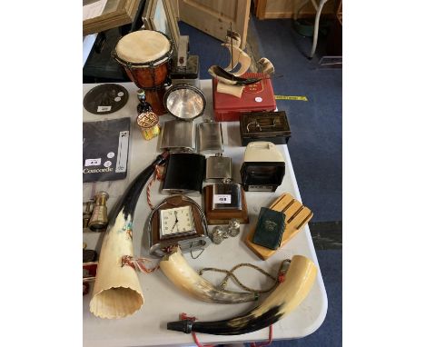 A COLLECTION OF ITEMS TO INCLUDE  CIGARETTE LIGHTERS, A DRUM, A CLOCK AND HORNS 