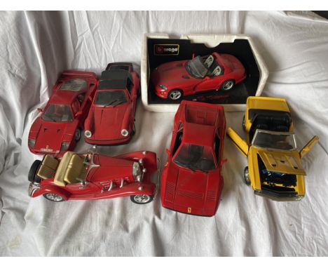 SIX UNBOXED 1:18 SCALE DIECAST MODEL CARS - A PORSCHE, TWO FERRARIS, MERCEDES ROADSTER, DODGE VIPER AND A SHELBY GT500 