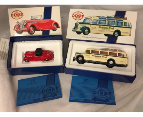 TWO BOXED DINKY VEHICLES - A 1939 TRIUMPH DOLOMITE AND A 1950 MERCEDES BENZ OMNIBUS 