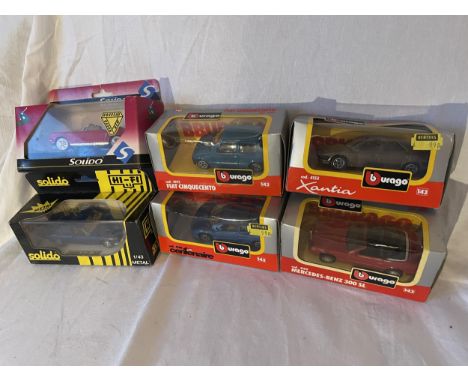 SIX BOXED 1:34 SCALE DIECAST MODEL VEHICLES - FOUR BURAGO AND TWO SOLIDO 