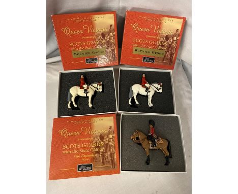 THREE BOXED BRITAINS SCOTS GUARDS INDIVIDUAL HORSE MOUNTED MODEL SOLDIERS - NUMBERS 5993 AND TWO 40205 - FROM THE QUEEN VICTO