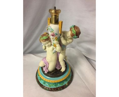 A MAJOLICA OIL LAMP BASE 