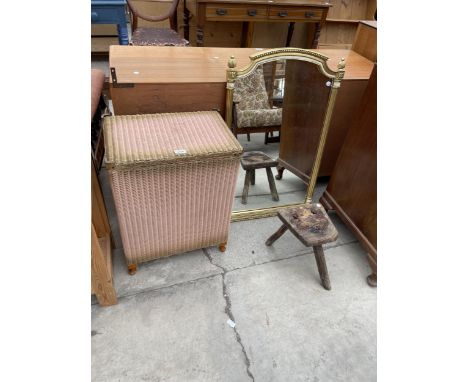 A MODERN GILT FRAMED WALL MIRROR, LLOYD LOOM OTTOMAN AND MILKING STOOL 