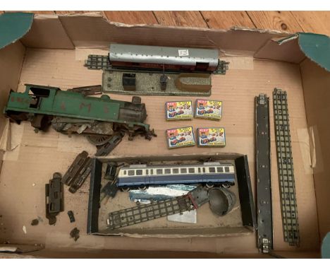 VARIOUS MODEL RAILWAY * A POSSIBLY SCRATCH BUILT LOCOMOTIVE FOR REPAIRS, A DUBLO MAIL COACH SET, FOUR BOXES OF MERIT STATION 