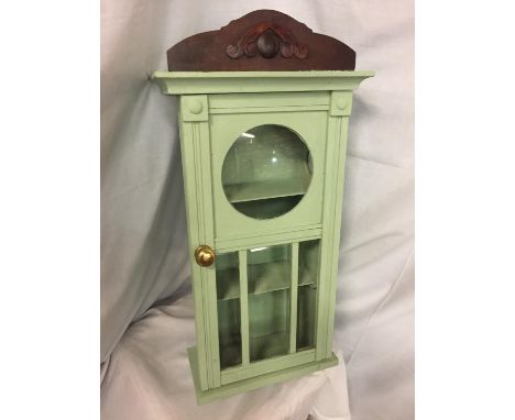 A SHABBY CHIC PAINTED WOODEN CLOCK/SPICE CASE  DISPLAY CABINET H: APPROX 80CM  W:33CM 