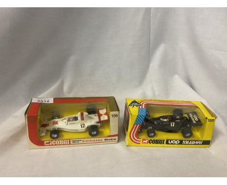 TWO CORGI MODEL RACING CARS - VOP SHADOW AND GRAHAM HILL'S EMBASSY SHADOW NUMBERS 155 AND 156 IN ORIGINAL BOXES 
