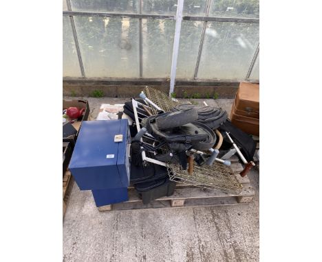 AN ASSORTMENT OF HOUSEHOLD CLEARANCE ITEMS TO INCLUDE A PET CAGE, CERAMIC VASES AND WALKING STICKS ETC 
