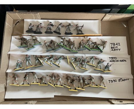 APPROXIMATELY FORTY TWO BRITAINS UNBOXED WWII MILITARY FIGURES - AFRIKA CORPS, 8TH ARMY ETC - PLASTIC WITH METAL BASE 