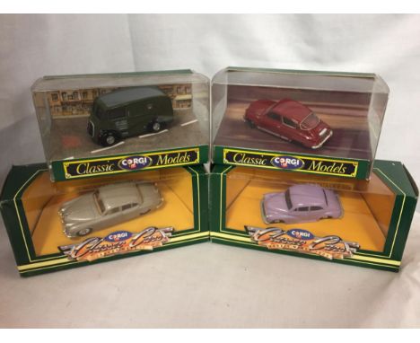 FOUR CORGI MODELS - A FORD POPLAR VAN, A BEDFORD CA VAN AND TWO MORRIS MINOR VANS -  NUMBERS D980/1, D981/1, D958 AND D957 IN
