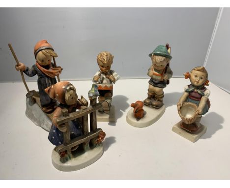 FIVE GOEBEL FIGURES TO INCLUDE A DRUMMER, SKIER, GIRL WITH BASKET ETC 