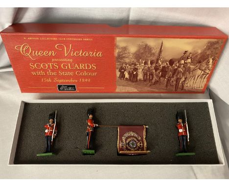 A BOXED BRITAINS SCOTS GUARDS COLOUR PARTY WITH STATE COLOUR THREE PIECE MODEL SOLDIER SET -  NUMBER 5991 - FROM THE QUEEN VI