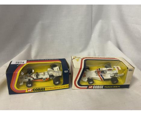 TWO CORGI MODEL RACING CARS - YARDLEY McLAREN M19A AND HESKETH 308 F1 NUMBERS 151 AND 160 IN ORIGINAL BOXES 