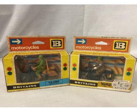 TWO BOXED BRITAINS MODEL MOTORCYCLES - BRITISH DISPATCH RIDER ON A NORTON 850 9672 AND U.S.ARMY DISPATCH RIDER 9682 (1974 VER