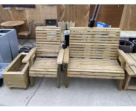 A WOODEN GARDEN FURNITURE SET TO INCLUDE A TWO SEATER BENCH, A CHAIR AND A PLANTER 