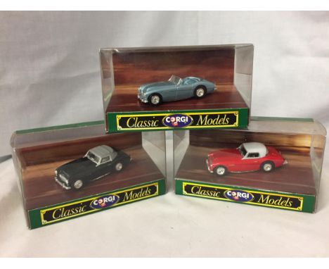 THREE CORGI CLASSIC MODELS - THREE VERSIONS OF AN AUSTIN HEALEY 3000 NUMBERS D733, D734 AND D735 IN ORIGINAL BOXES 