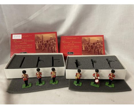 TWO BOXED BRITAINS SCOTS GUARDS WITH THE STATE COLOUR THREE PIECE MODEL SOLDIER SETS - NUMBER 40201 AND 40202 