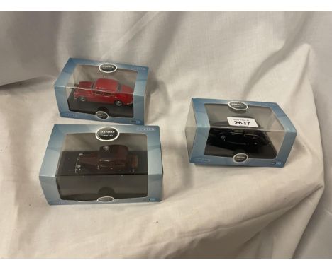 THREE BOXED OXFORD DIE CAST MODELS TO INCLUDE A SCALE 1:43 BLACK JAGUAR, AN AUSTIN RUBY SALOON AND A RED MGZA MAGNETTE 