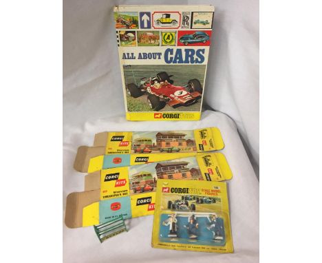 VARIOUS CORGI MOTOR RACING RELATED ITEMS - A BOXED SET OF GARAGE ATTENDANTS NUMBER 1505, A CORGI ALL ABOUT CARS ANNUAL, TWO E