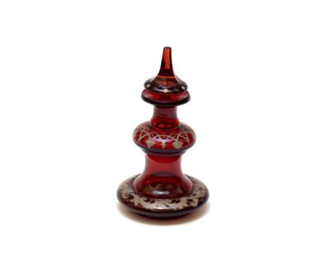 An Antique Bohemian Ruby Glass & Enamel Perfume Bottle from the 19th CenturyH: Approximately 16cm 