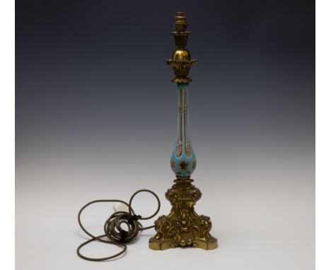 An Antique Baby Blue Bohemian Glass Lamp Stand from the Mid-19th Century.H: Approximately 61cm 